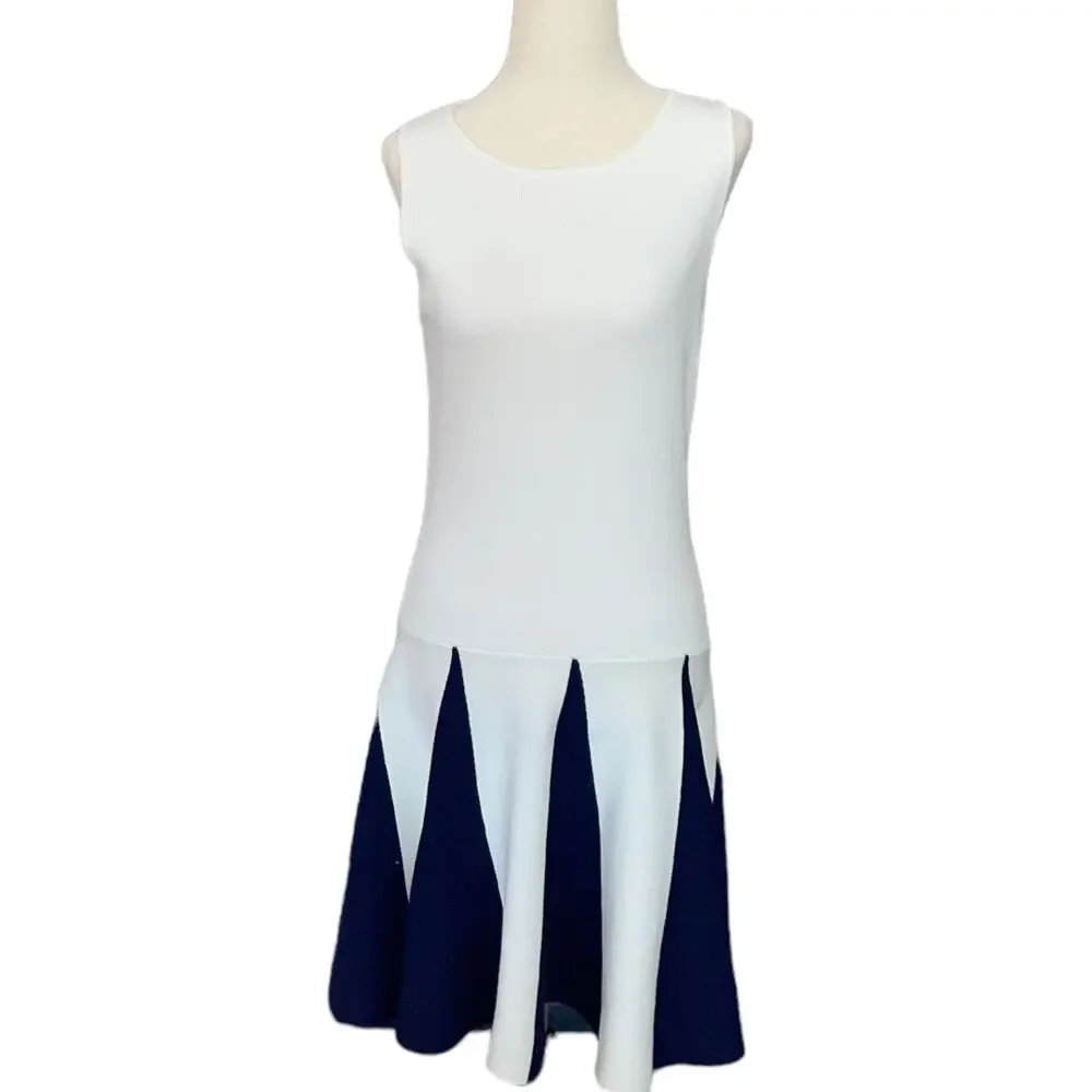 Womens Size Small English Factory White/Blue Sleeveless Knit Dress Ruffle Detail - Picture 1 of 5